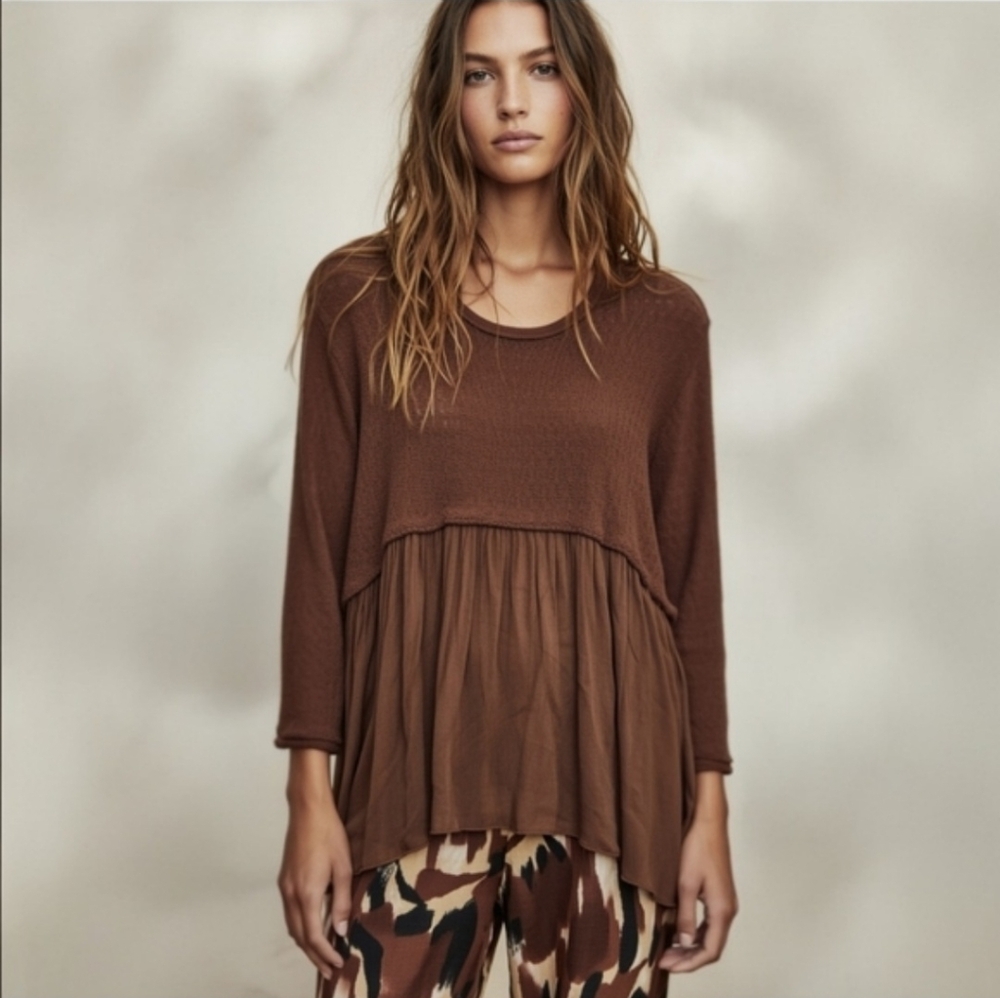 Bella Amore Brown Layered Peplum Long-Sleeve Top